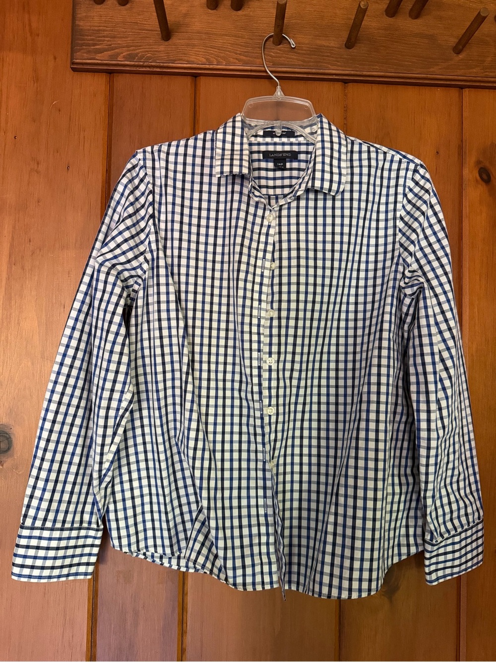 Lands' End Men's White and Blue Check Button-Down Shirt